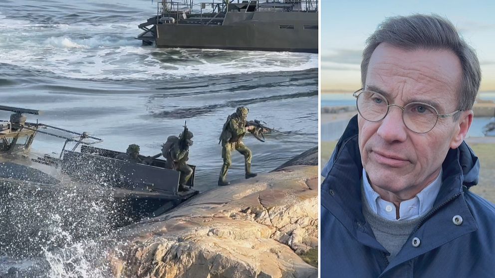 En delad bild som visar två scener. Den vänstra delen visar militärfordon som approaching en strand med soldater som kliver av, redo för insats i en kustnära miljö. Den högra delen visar statsminister Ulf Kristersson