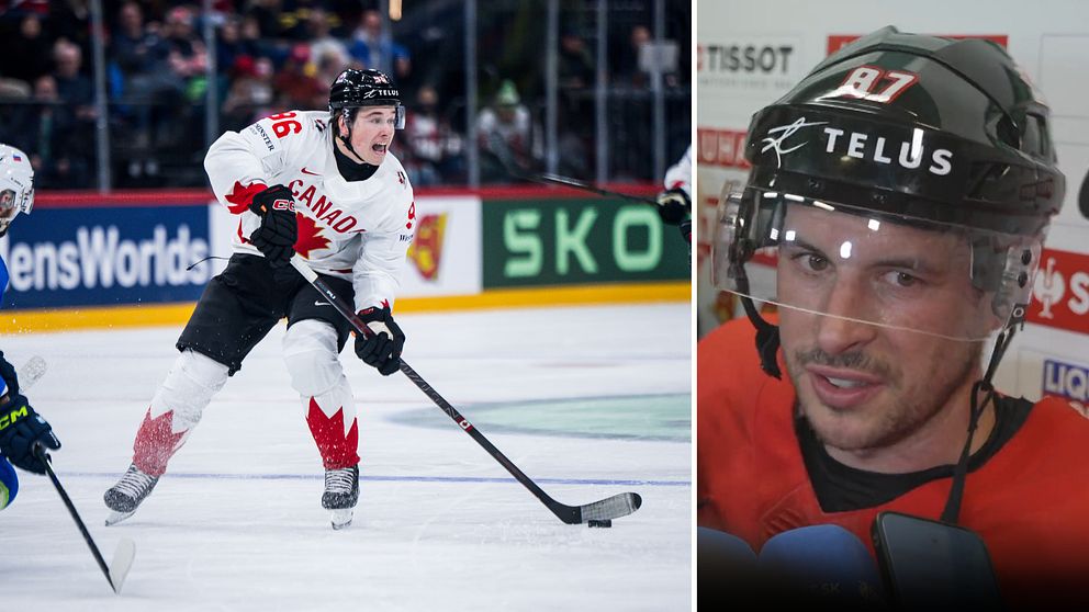 Delad bild. Till vänster: kanadensisk ishockeyspelare under match. Till höger: spelare intervjuas.