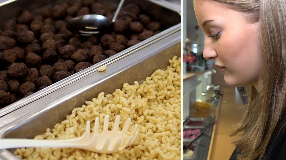 Köttbullar och makaroner till vänster. Skolelev till höger.