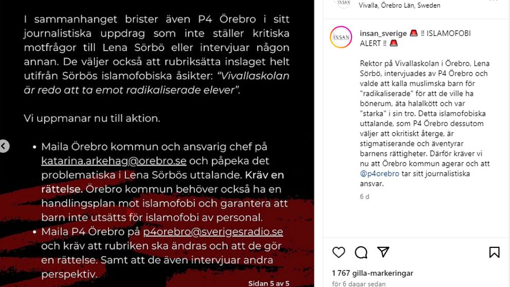 Skärmdump på inlägg på Instagram