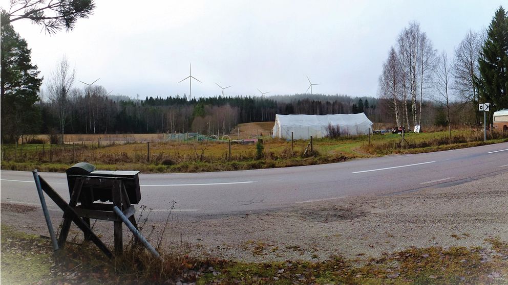 En landsväg i förgrunden med vindkraftsnurror i horisonten