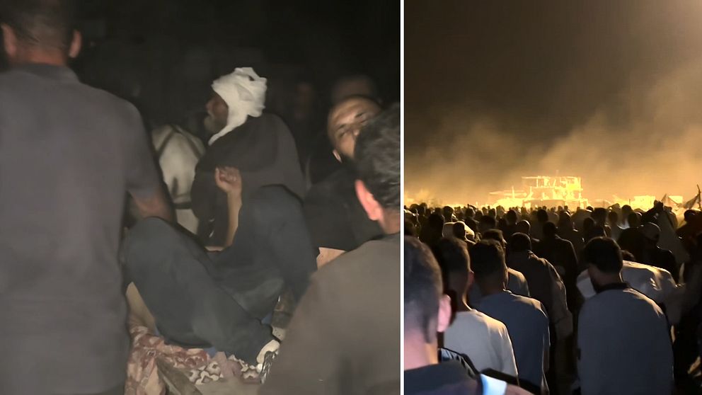 Människor samlas i mörker vid matutdelning i Netzarim i Gaza.