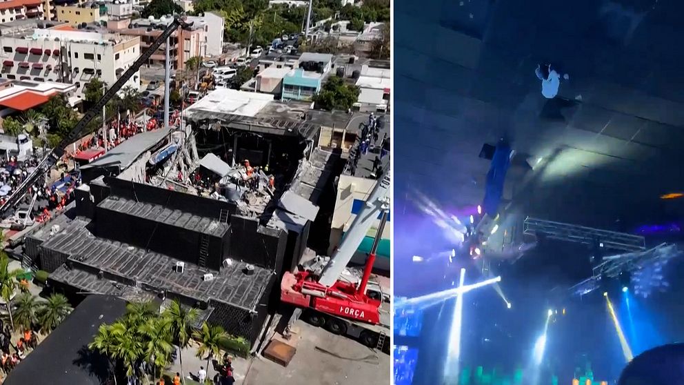 Tvådelad bild. Vänster: byggnadskollaps i stadsområde. Höger: nattklubb med ljusshow.