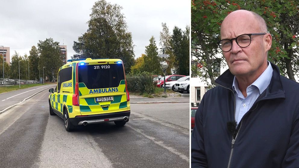 Till vänster bild på ambulans med blåljus, till höger bild på Stig Holmberg, verksamhetschef för ambulanssjukvården i region Norrbotten.