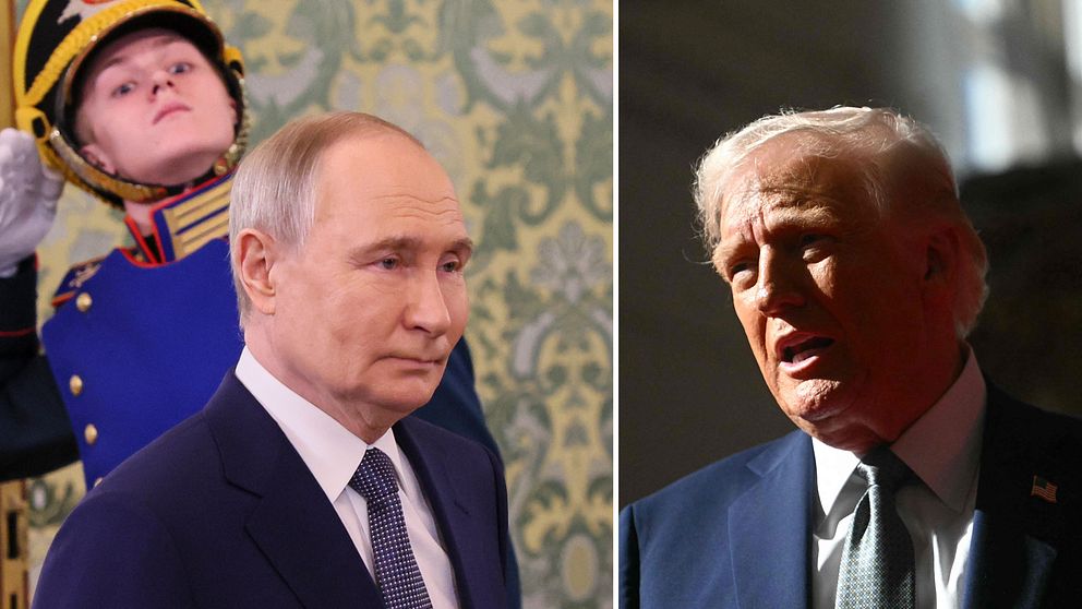 Tvådelad bild. Vänster: Rysslands president Vladimir Putin. I bakgrunden syns en uniformerad vakt. Till höger: USA:s president Donald Trump.