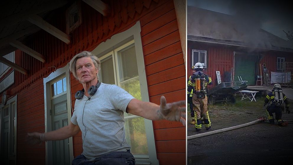 Man står vid gammal tågstation och flaxar med armarna, bredvid en bild på brandkår som försöker släcka en brand i Mölnbo utanför Södertälje