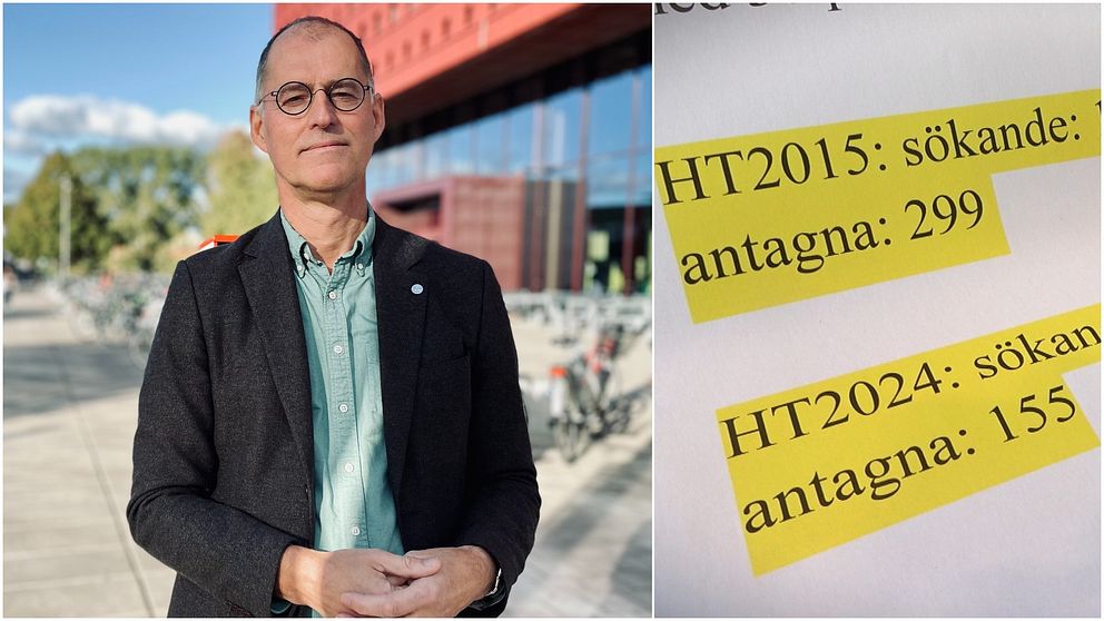 En person står framför en byggnad med röd fasad och cyklar parkering på bakgrunden. Till höger visas ett dokument med markerade rader som visar antalet sökande och antagna studenter för två olika terminer: HT2015 och HT2024. Texten anger ”sökande: 299” för HT2015 och ”sökande: 155” för HT2024.