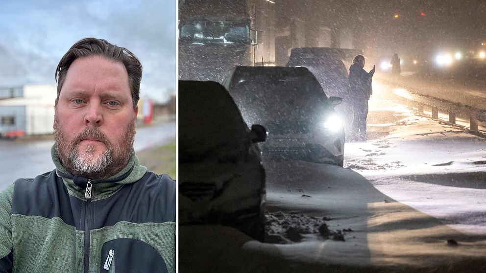 Jens Lindström på ena sidan, andra delen av bilden är från snökaoset på E22