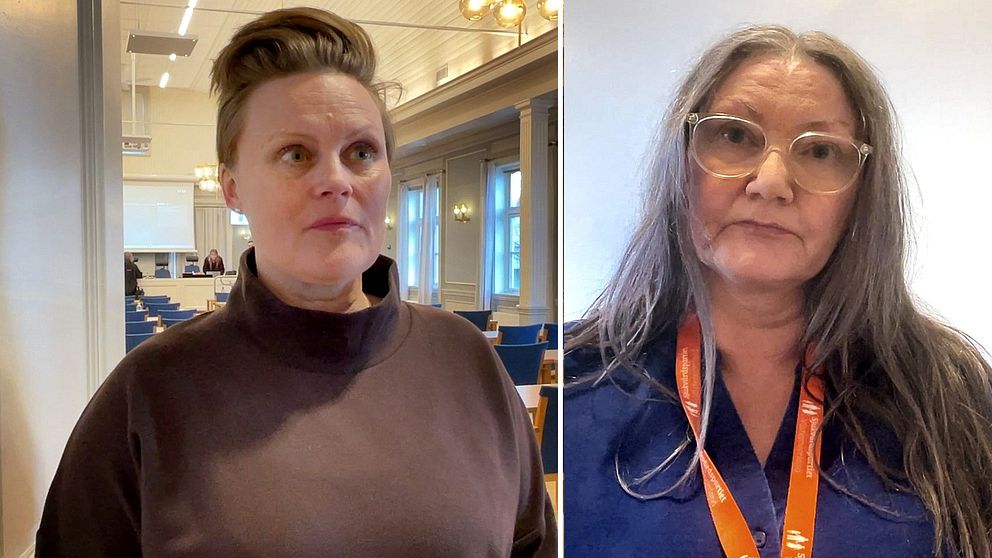 Två kvinnor, en i brun tröja, en i blå skjorta