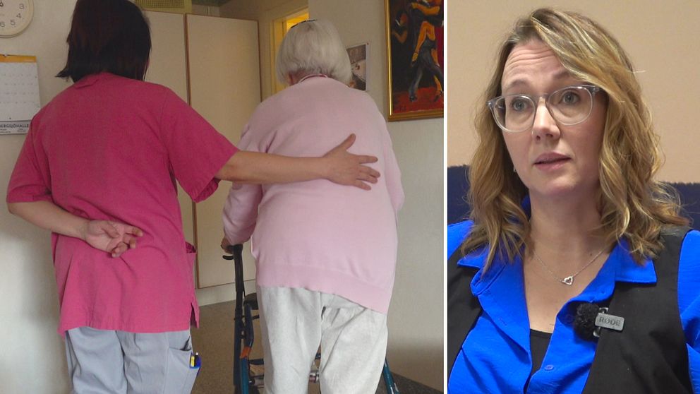 Tvådelad bild. Vänster: vårdare stödjer äldre kvinna. Höger: person i blå skjorta.