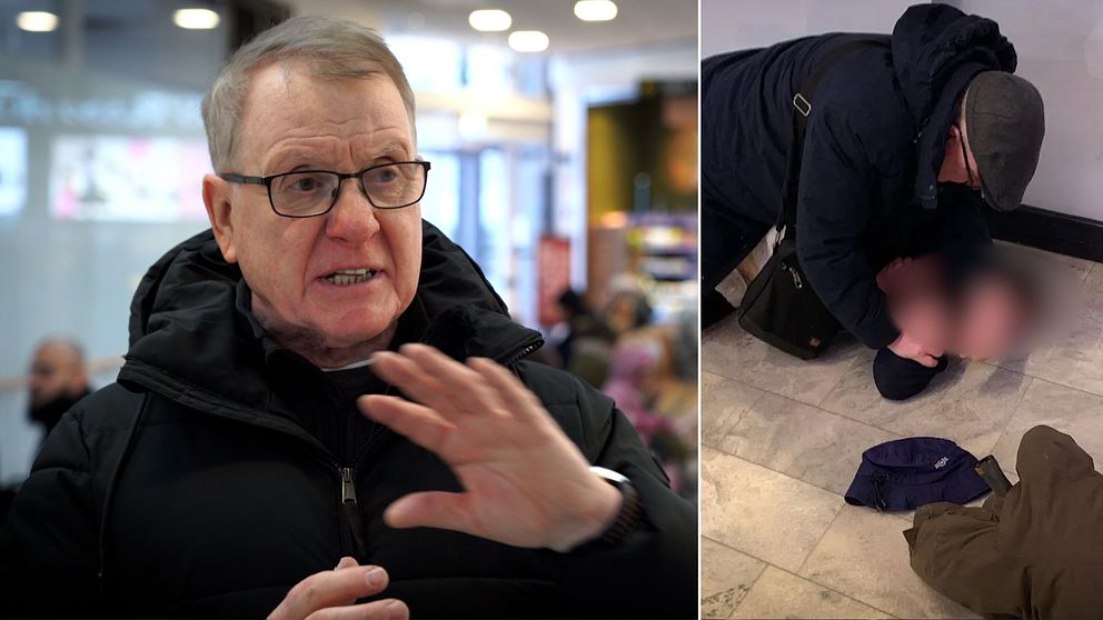Man med grått hår och glasögon gör gest med händerna. Man brottar ner någon på golvet.