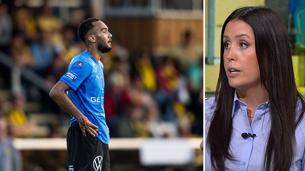 Delad bild. Vänster: fotbollsspelare i blå tröja på plan.