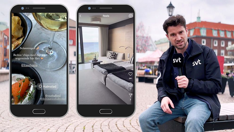 Två mobiler visar mat och hotellrum. Till höger: reporter med mikrofon utomhus.