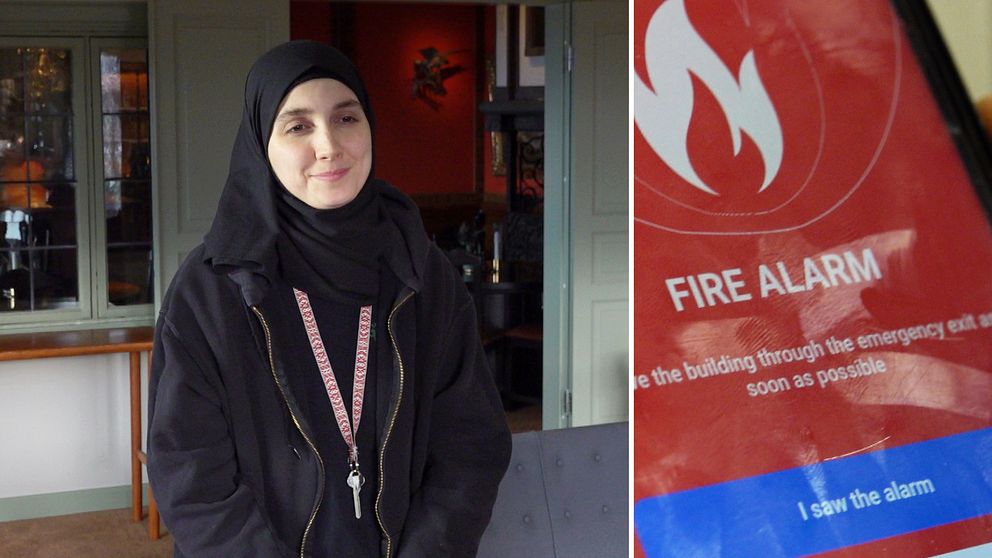 Dania Omar som syns till vänster är anställd på Green hotell. Till höger syns en mobilskärm där det står ”Fire alarm”