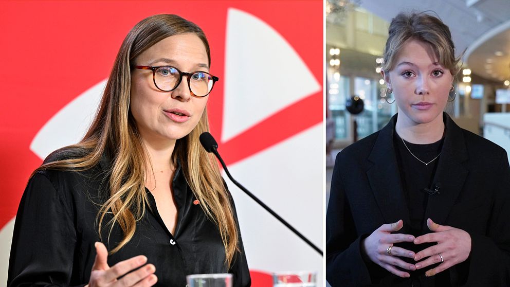 Till vänster: Amalia Rud Pedersen framför Socialdemokraternas logga, Till höger: SVTs reporter Clara Alanko i riksdagen