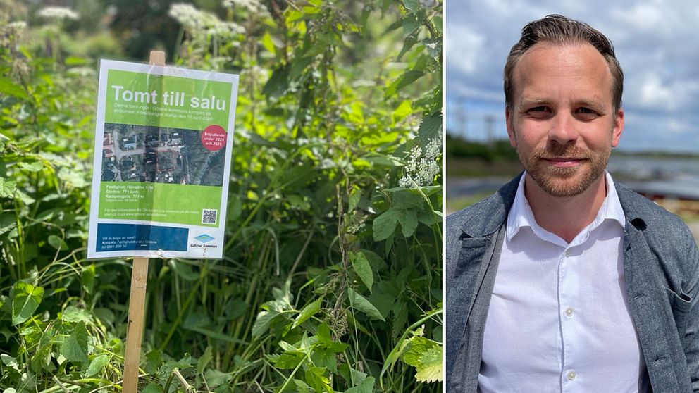 Ett montage med en bild på en skylt och en bild på en man.