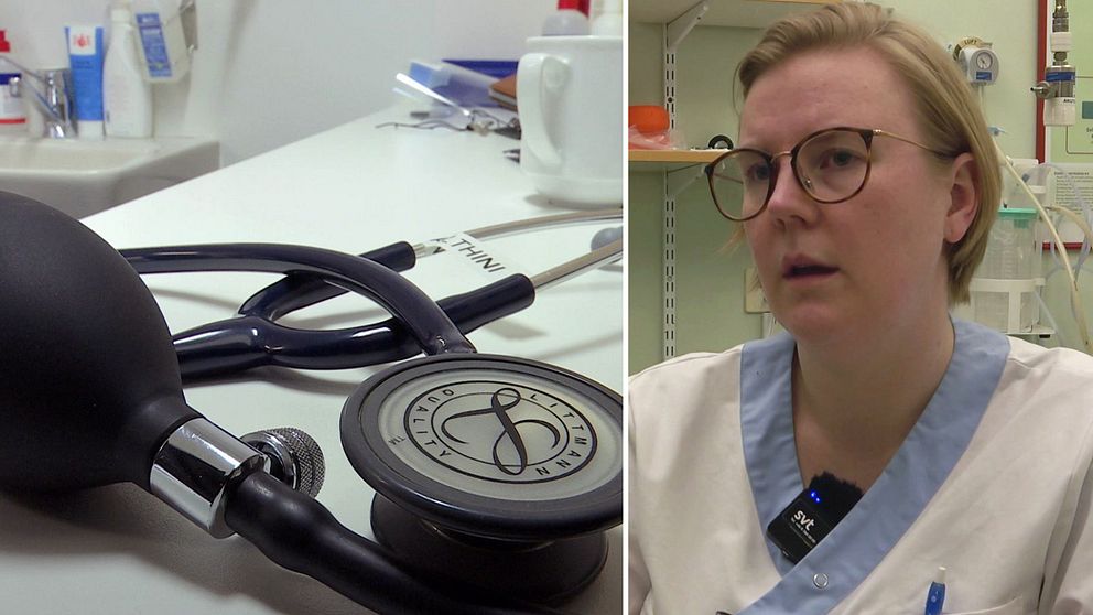 Bild med två sektioner: Vänster sida visar en närbild av ett stetoskop och blodtrycksmätare placerade på ett skrivbord i en medicinsk miljö. Höger sida visar en sjukvårdspersonal iförd vita och blå sjukhuskläder i en klinisk miljö.
