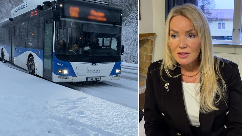Buss från Länstrafiken Örebro som kör i snön till vänster, moderata politikern Cecilia Albertsson.