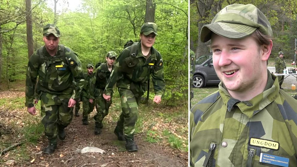 Tvådelad bild. Vänster: soldater i uniform vandrar i skog. Höger: närbild på soldat i uniform.