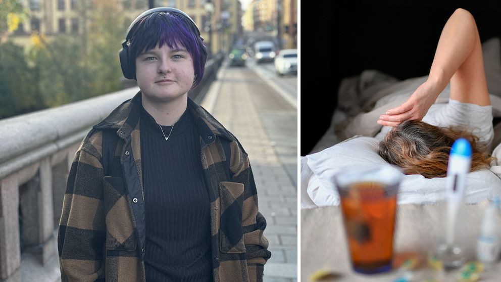 En delad bild som föreställer två olika scener. Den vänstra delen visar en person som står på en gata, iklädd en rutmönstrad jacka och hörlurar, med stadsmiljö i bakgrunden. Den högra delen visar en nära vy av en person som ligger på en säng med en hand som masserar sitt hår, omgiven av vanliga vardagsföremål som ett glas med dryck och en termometer.