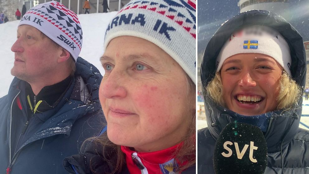 Till vänster: En mamma och en pappa blickar ut mot skidtävlingar med Åsarna IK-mössor. Till höger: En glad skidåkare skrattar in i kameran.