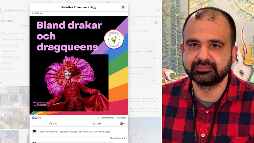 Bild på Sollefteå kommuns inlägg om sagostunden på facebook och en bild på kommunens kommunikationsstrateg Majed Safaee.