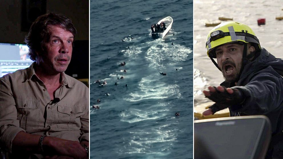 Uppdrag gransknings fotograf och en båt under en räddningssitation på Medelhavet.
