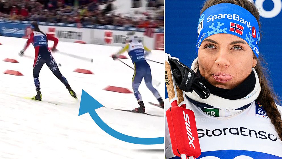 Tvådelad bild. Vänster: längdskidåkare i tävling. Höger: skidtävlingsdeltagare i närbild.