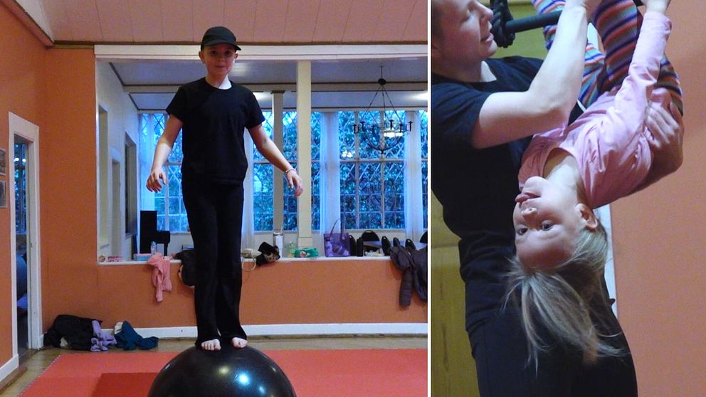 Tvådelad bild. Vänster: Pojke balanserar på stor boll. Höger: Flicka hänger uppochned, tränad av kvinna.