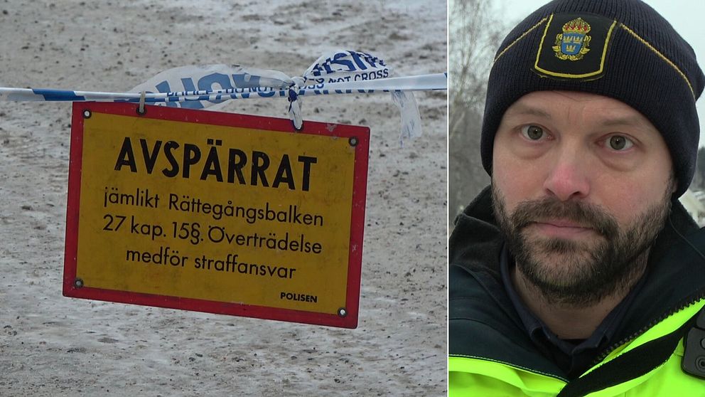 Polisens platschef Anders Schääf bredvid avspärrningsbandet på brottsplatsen.