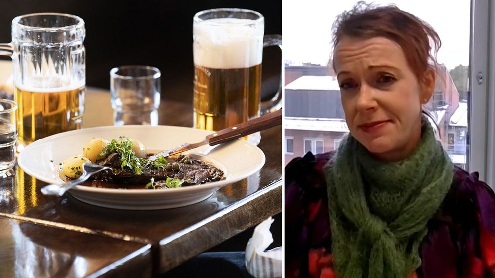 Mattallrik och två glas öl står på ett brunt restaurangbord. På tallriken finns kött och potatis.  Annmarie Wesley, utredare på Folkhälsmyndigheten.