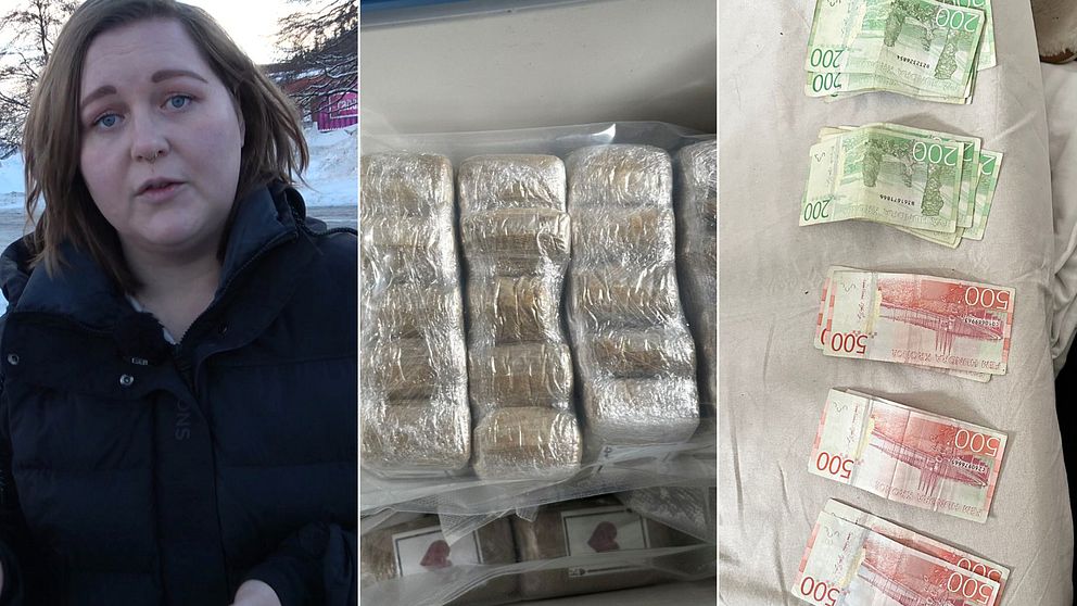Bilden är uppdelad i tre sektioner: i den första sektionen syns en person utomhus på vintern bredvid ett suddigt ansikte; i den andra sektionen visas en rad buntar av förmodligen illegala substanser inslagna i aluminiumfolie; i den tredje sektionen ligger flera buntar av svenska 500- och 200-kronorssedlar uppradade på ett bord.