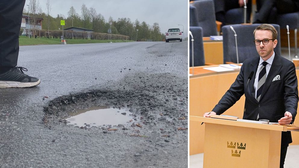 trasig väg – potthål infrastrukturminister Andreas Carlson