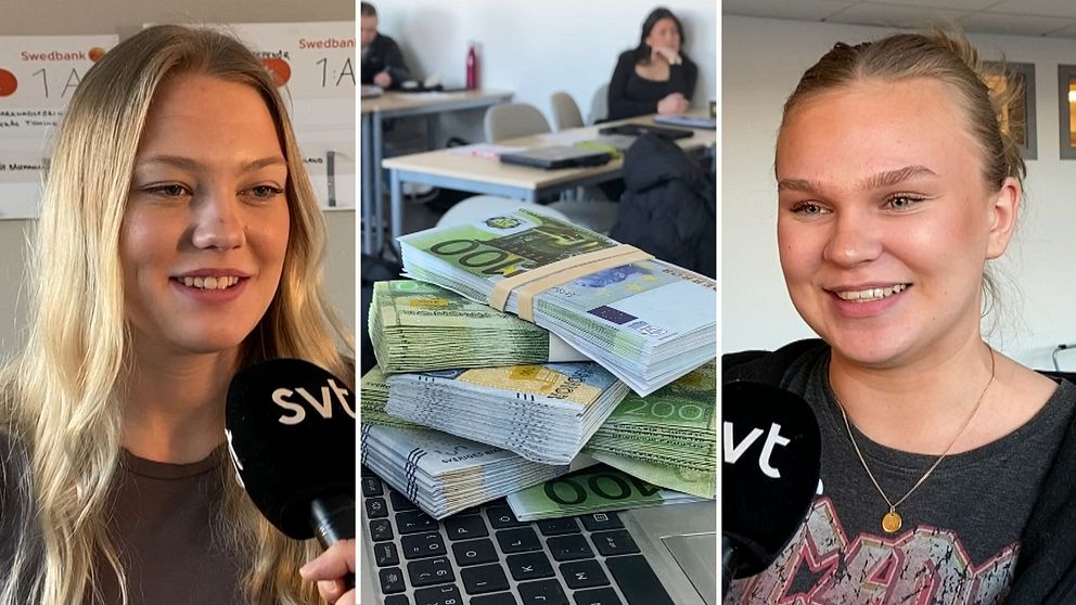Två elever i åk 3 på Grillska gymnasiet i Västerås och några sedelbuntar.