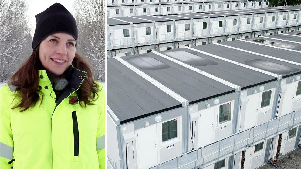 Gabriella Snell, projektledare på Bodens kommun samt bilder på baracker vid Nortvolt i Skellefteå..