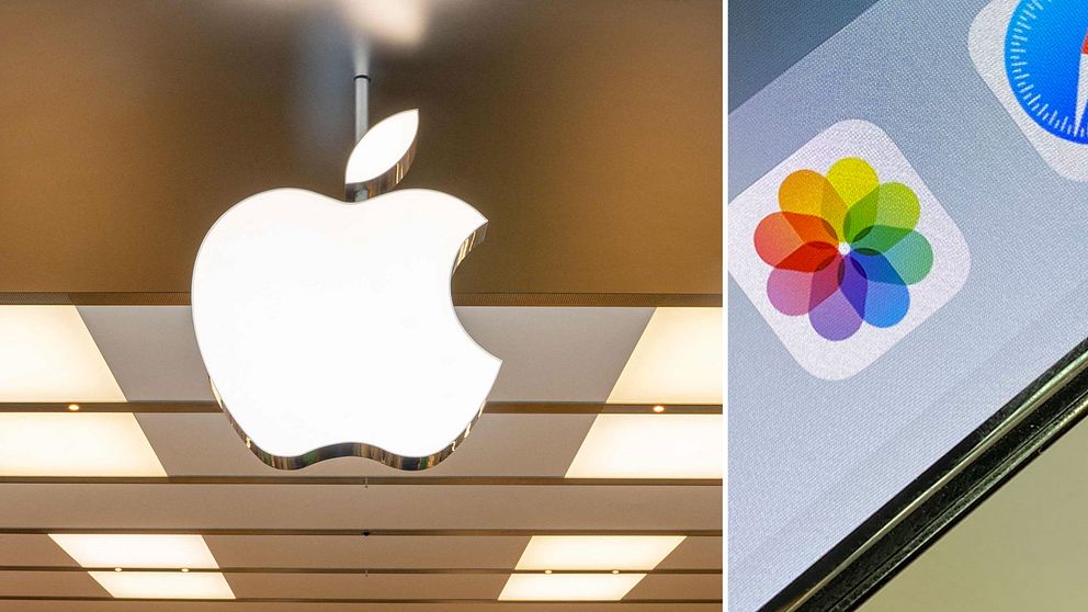 En bild på Apple-loggan till vänster och Iphones fotoapp till höger.