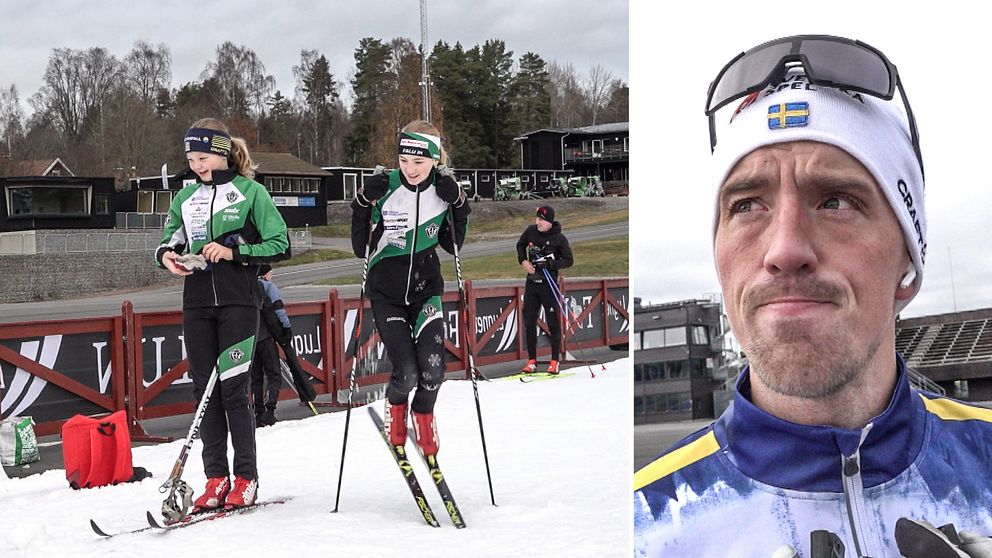 Den vänstra delen visar två flickor i färgglada kläder som förbereder sig för träning på snö. Den högra sektionen visar en närbild på elitåkaren Calle Halfvarsson med skidkläder och solglasögon, stående vid en sportanläggning.