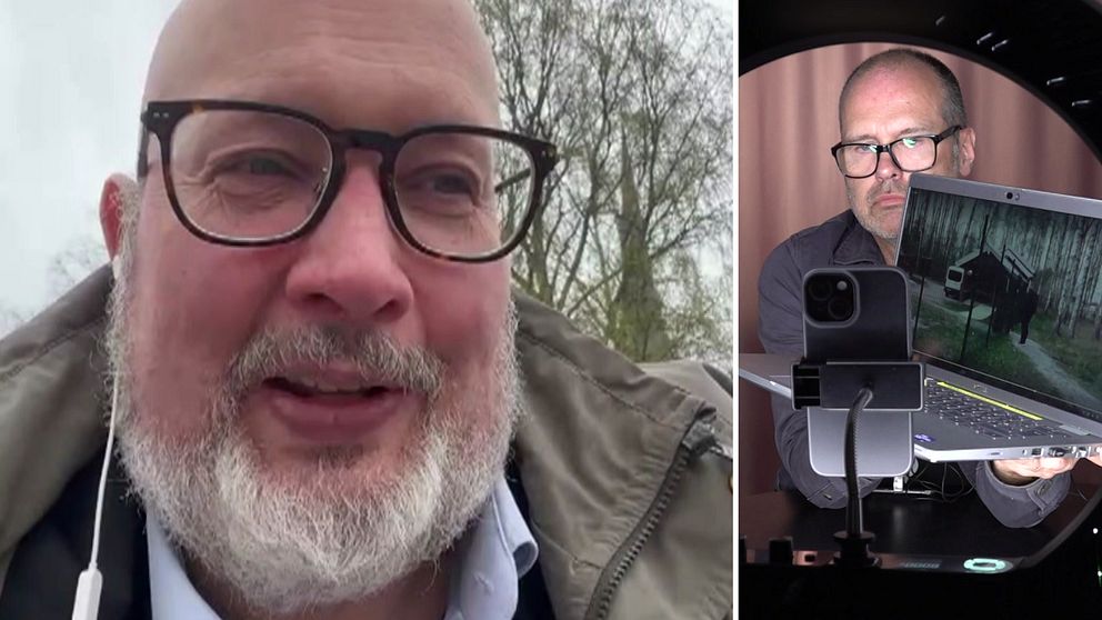 Tvådelad bild. Till vänster utomhusmiljö med träd. Till höger person vid teknisk utrustning.