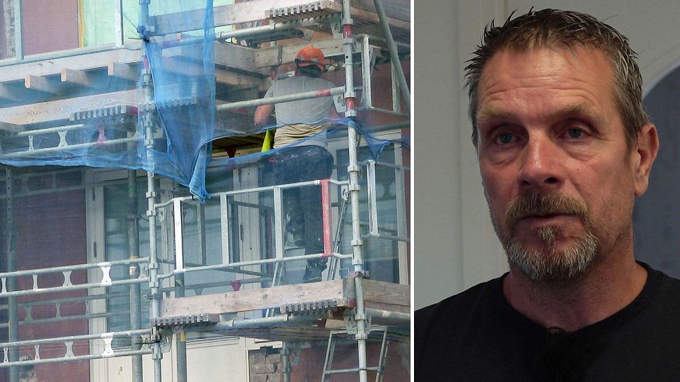 En delad bild som visar två sektioner. Den vänstra sektionen visar en byggarbetare som arbetar på en byggnadsställning, omgiven av blå skyddsnät. Den högra sektionen visar en man som står framför en neutral bakgrund.