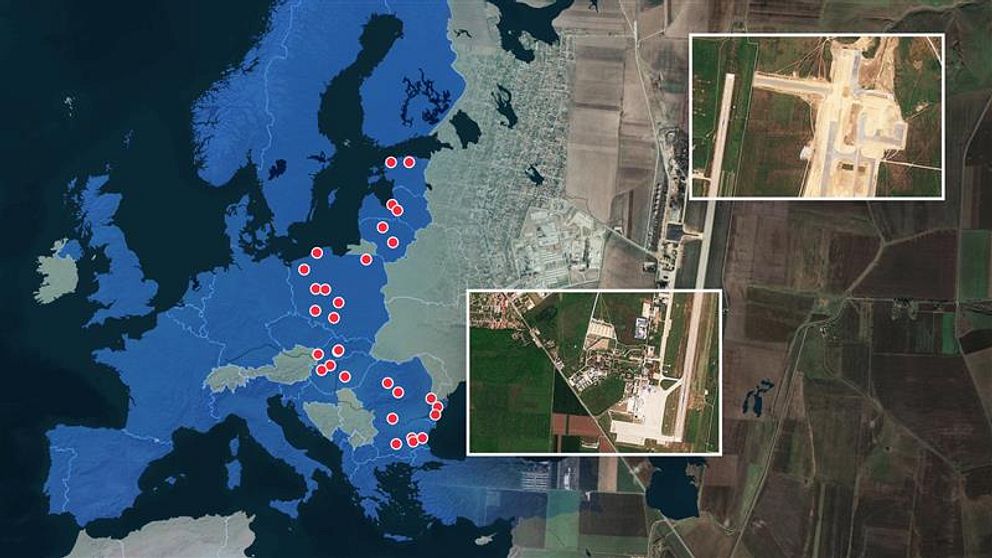 Tredelad bild. Till vänster: Europakarta med markeringar. Till höger: två flygfoton över flygplats.