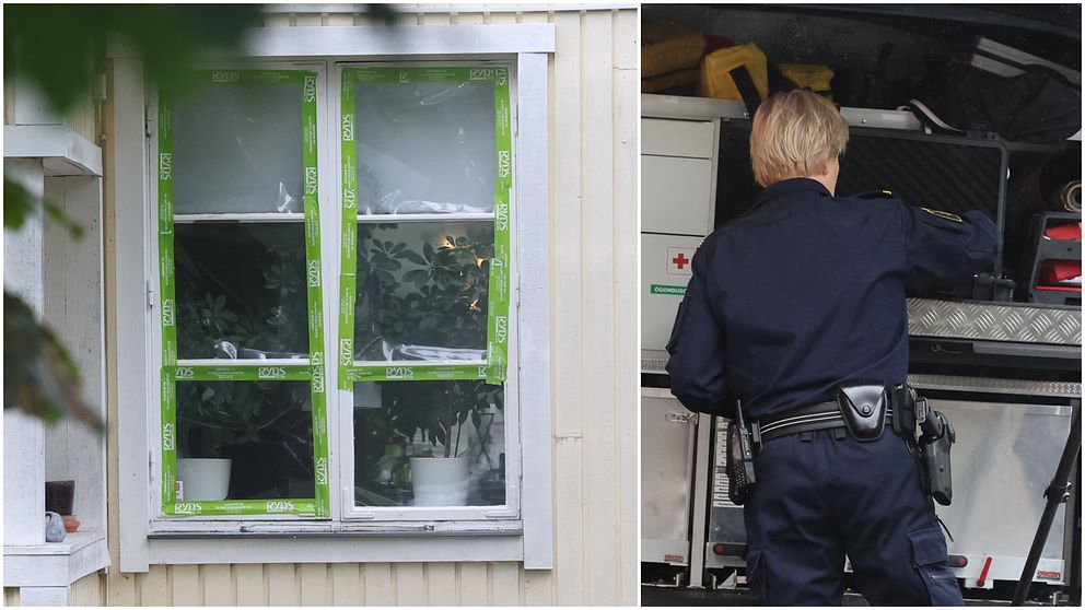 Trasigt fönster. En kvinnlig polis arbetar i bakluckan av polisbilen.
