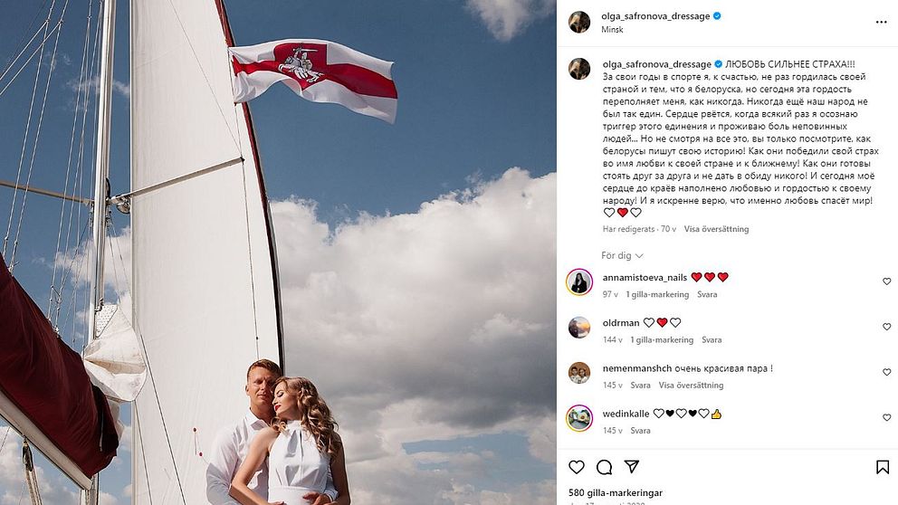 Ett instagram-inlägg publicerat av den belarusiska ryttaren Olga Safronova, som en protest mot den belarusiska regimen.