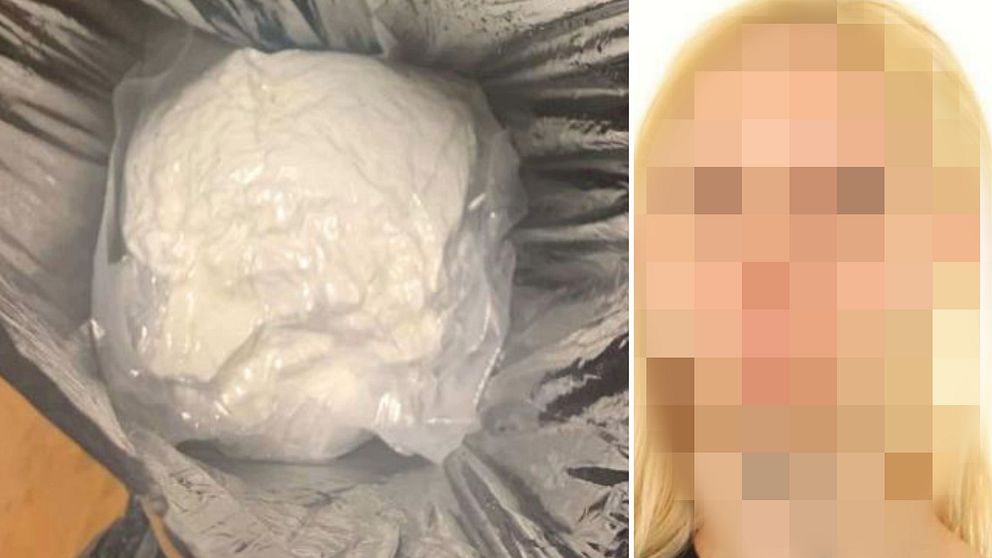 Stort beslag av narkotika i plastpåse / blurrat porträttfoto av den 26-åriga kvinna från Sundsvall som misstänks för bland annat grovt narkotikabrott.
