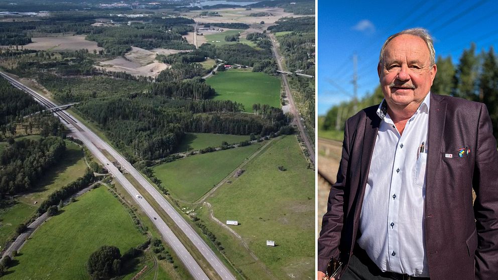 Till vänster en drönarbild på området fär logistikparken planeras, till höger Kilkryssets vd Jan Persson.