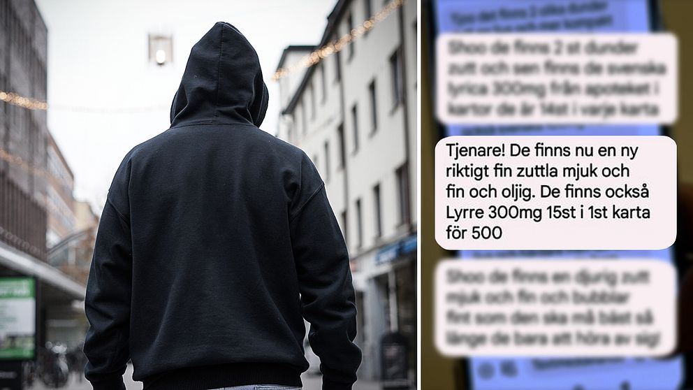 Till vänster ryggen på en person iförd svart luvtröja. Till höger en smskonversation där det står ”Tjenare! Det finns nu en ny riktigt fin zuttla mjuk och fin och oljig. De finns också Lyrre 300mg 15st i 1st karta för 500”.