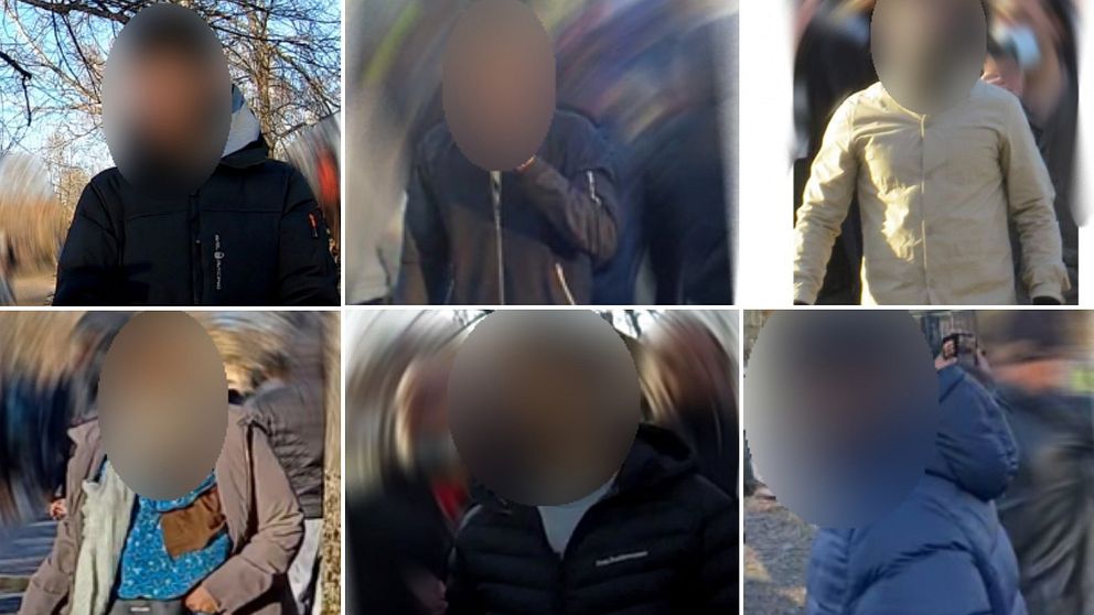 Maskerade bilder på sex av de 51 personer som polisen söker efter upploppen. Bilderna är tagna i samband med påskupploppet i Sveaparken.