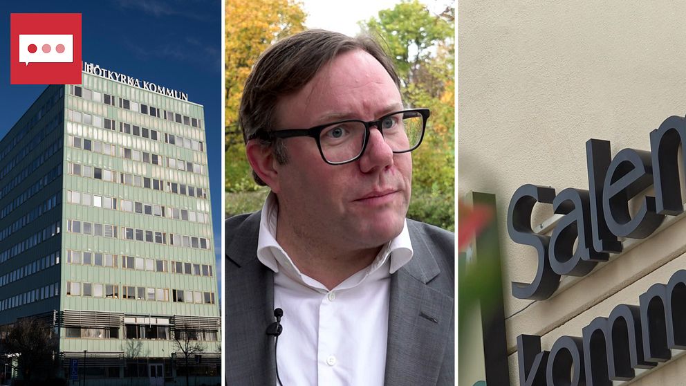 Tredelad bild med Botkyrka kommunhus till vänster, man med glasögon i mitten och Salems kommuns skylt till höger