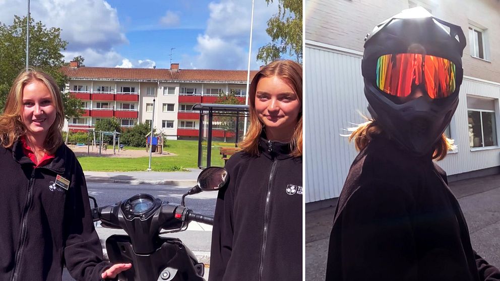 Freja och Alva vid en moped