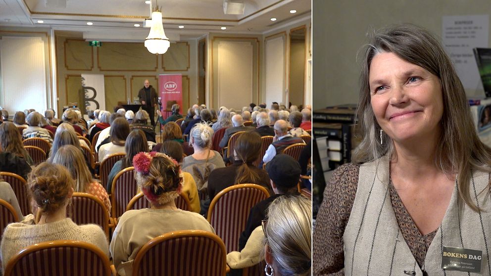 två bilder. till vänster sitter publik och lyssbnar på författare. till höger en bild på katarina Petersson.