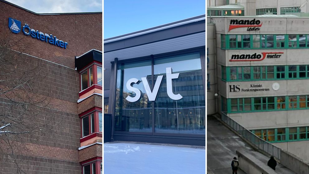 Tredelad bild med Österåkers kommunhus, SVT:s fasad och Mandos fastighet i Flemingsberg